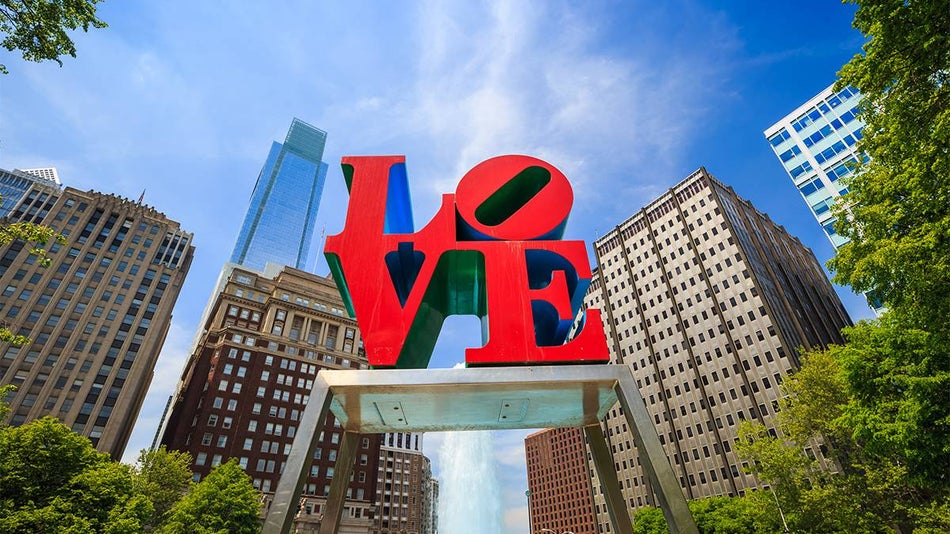Shot looking up at the LOVE Sculpture by Robert Indiana in Philadelphia, Pennsylvania