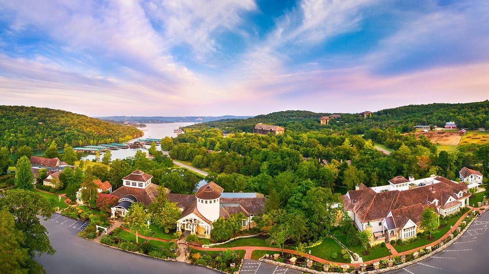Aerial view of Big Cedar Lodge with a sunset sky in Branson, Missouri, USA