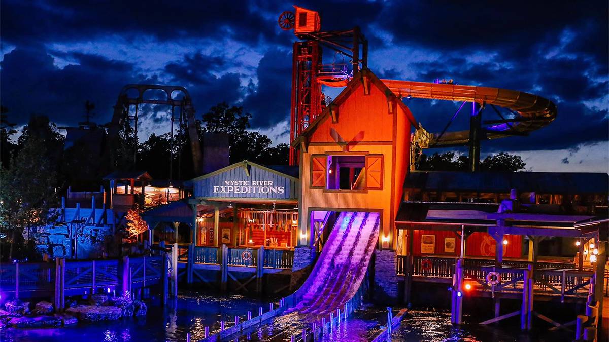 Wide shot of Mystic River Expeditions at night at Silver Dollar City in Branson, Missouri, USA