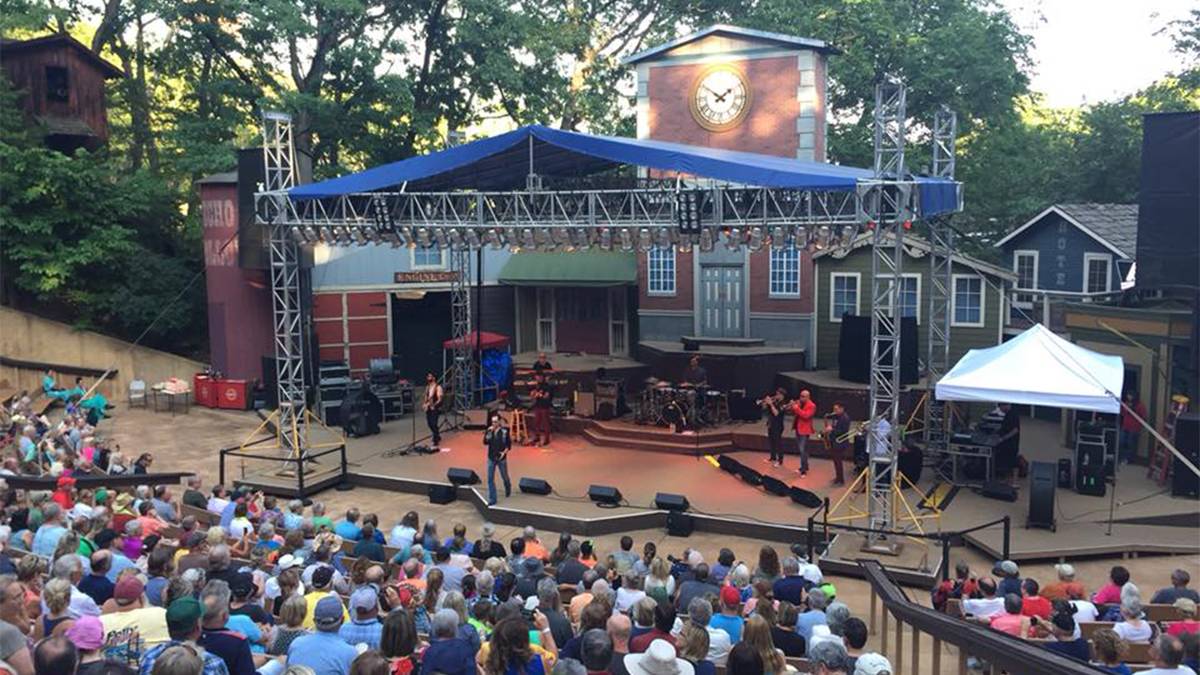 Looking down on stage with a concert going on a people in the audience at Silver Dollar City in Branson, Missouri, USA
