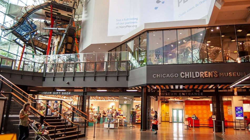 Wide shot of the entrance to the Chicago Children's Museum and their gift shop in Chicago, Illinois, USA