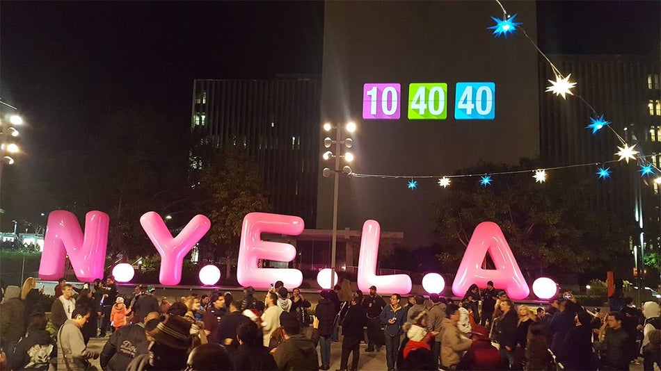 Wide shot of the N.Y.E.L.A sign at Grand Park in Los Angeles, California, USA