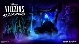 Artist Concept for Disneyland After Hours Villains Nite featuring Hades in a throne and the outline of other Disney villains in Los Angeles, California, USA