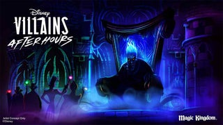 Artist Concept for Disneyland After Hours Villains Nite featuring Hades in a throne and the outline of other Disney villains in Los Angeles, California, USA