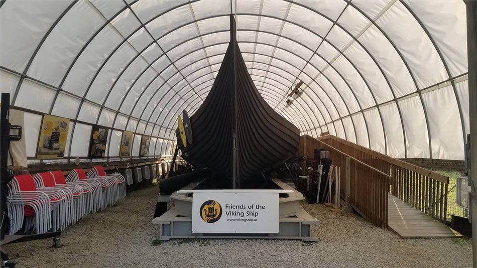 Wide shot of the front of the viking ship and the ramp leading to the the top at Friends of the Viking Ship in Chicago, Illinois, USA