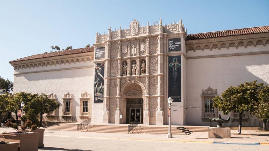 Wide shot of the front of The San Diego Museum of Art on the The Grand San Diego Tour in San Diego, California, USA