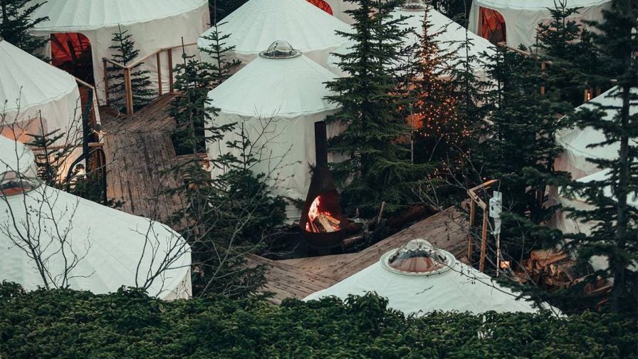 Looking down on all the little tents that make up part of Canlis Restaurant in Seattle, Washington, USA