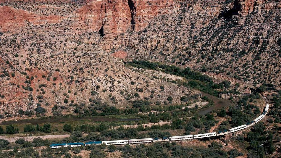 Aerial view looking down on Verde Canyon Railroad on a sunny day in Sedona, Arizona, USA