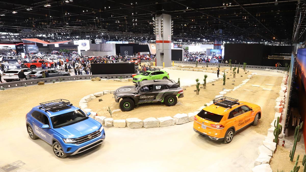 cars on display track at Chicago Auto Show in Chigaco, Illinois, USA