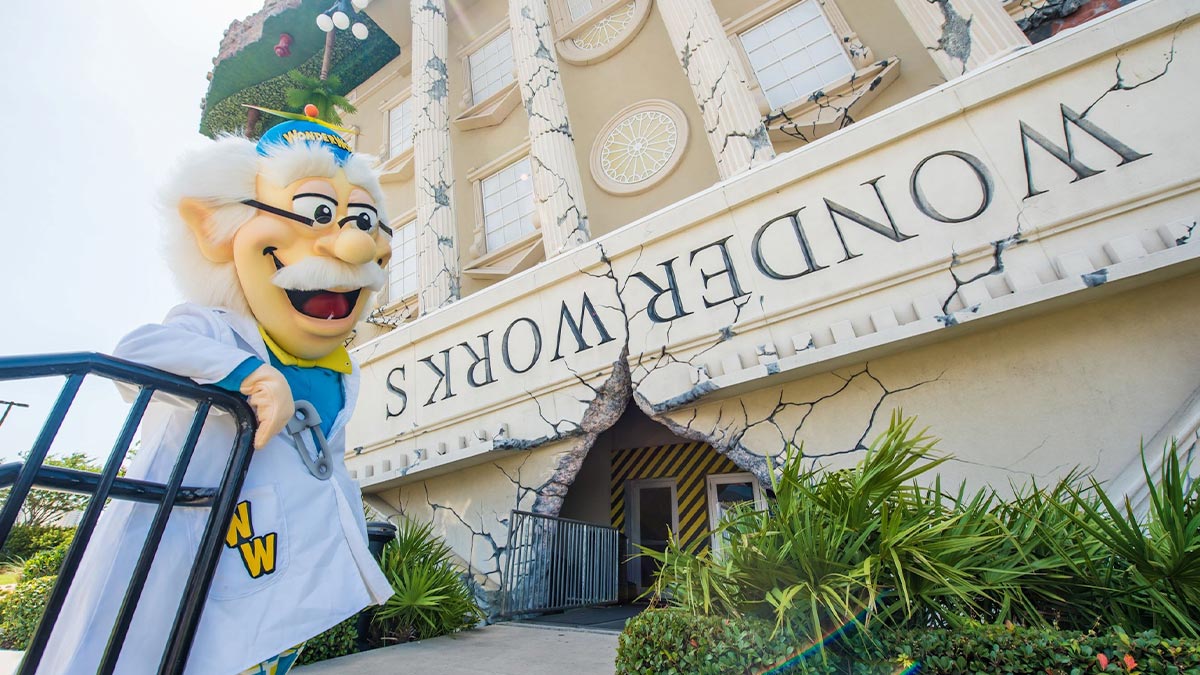 mascot posing near the entrance of Panama City Beach WonderWorks in Panama City, Florida, USA