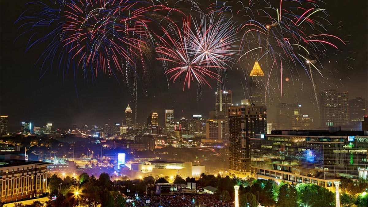 night shot of Fireworks over Atlanta, Georgia, USA