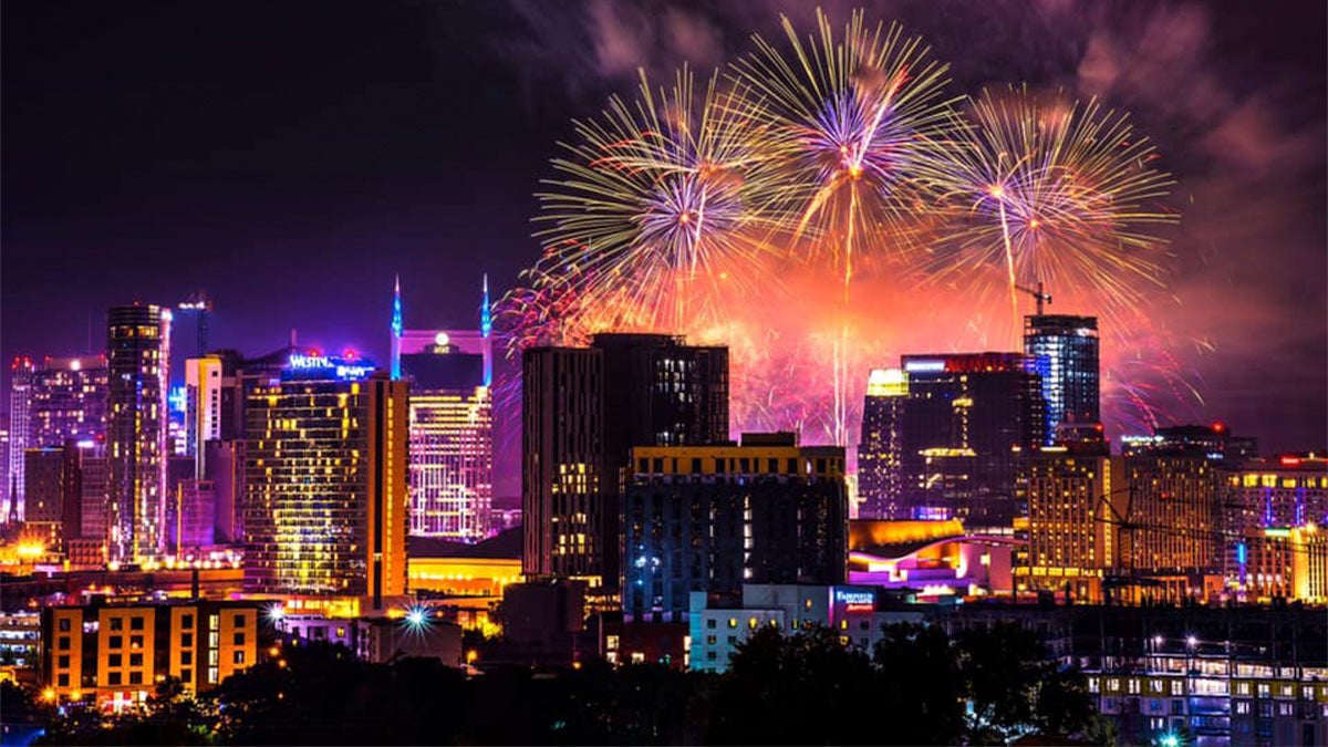 fireworks at night over Nashville, Tennessee, USA