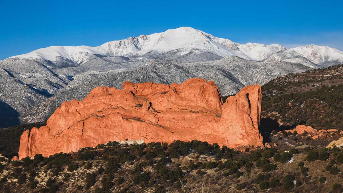 aerial view of North Gateway at Garden of The Gods with Pikes Peak in backgound in Colorado Springs, Colorado, USA