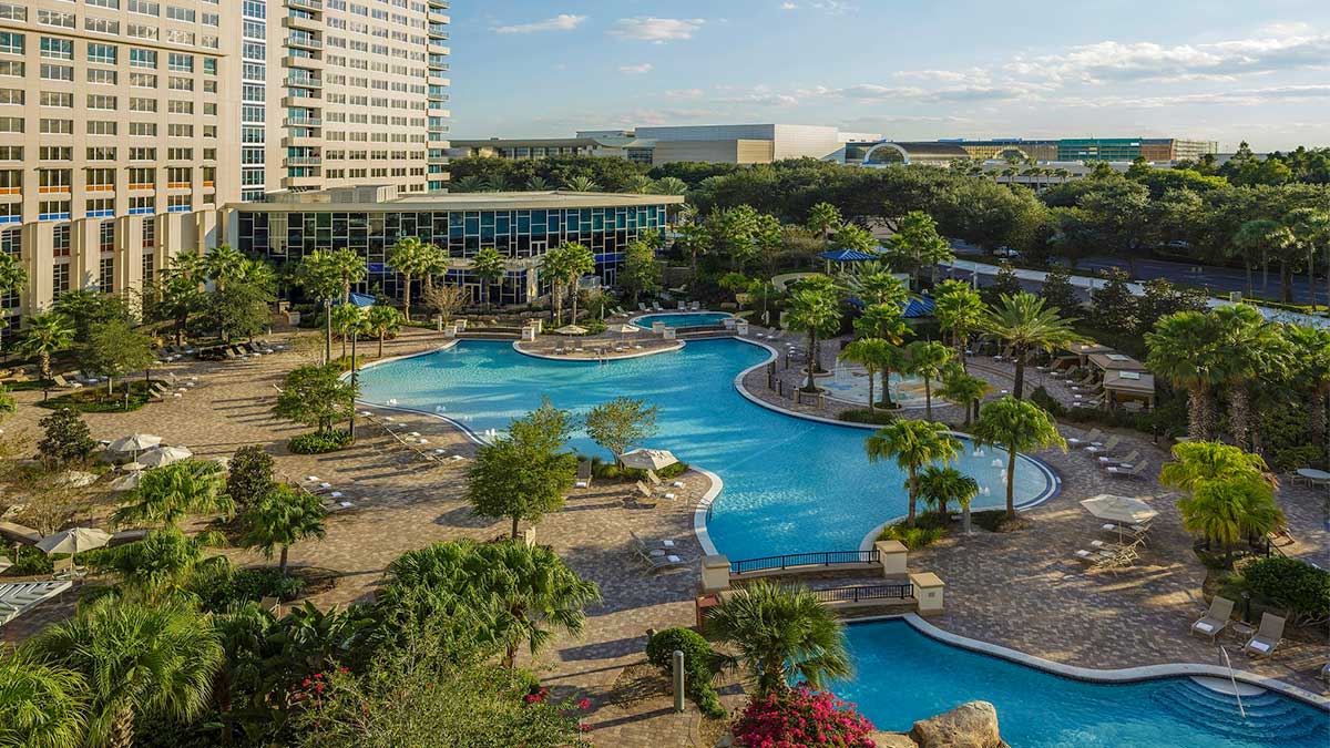 aerial view of pool area of Hyatt Regency Orlando during day in Orlando, Florida, USA