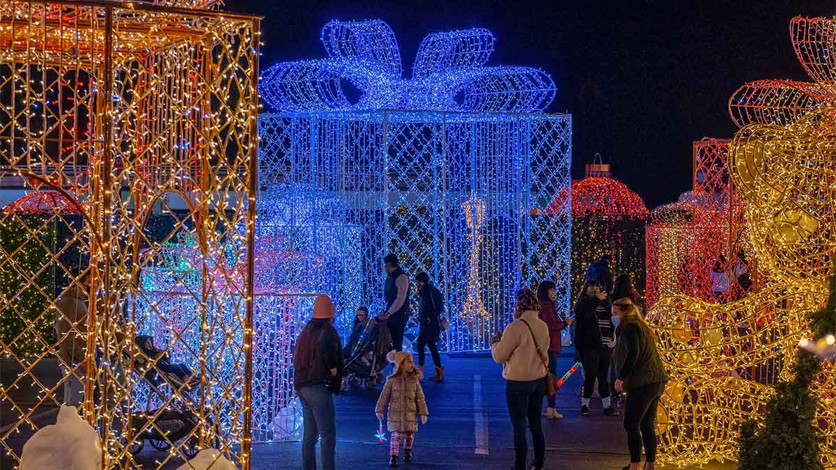 The lights are up at the navy pier with lots of people visiting.