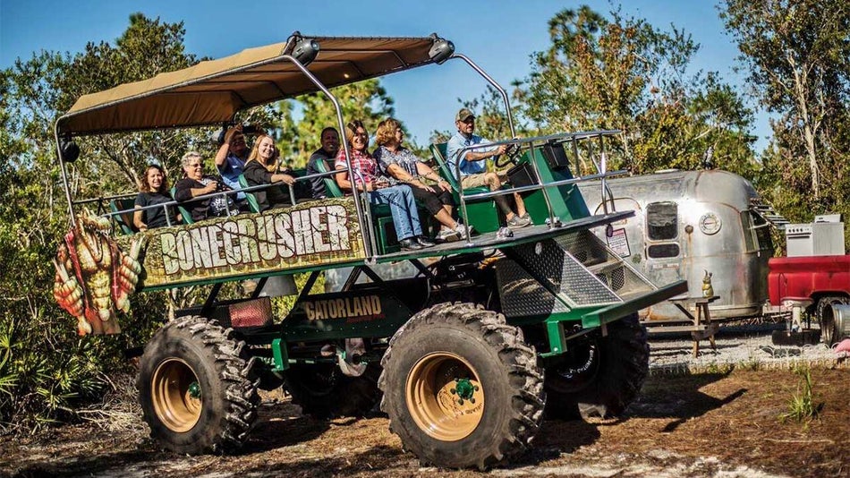 people aboard vehicle with trees in backgroundduring daytime for Stompin Gator Off Road Adventures in Gatorland, Florida, USA