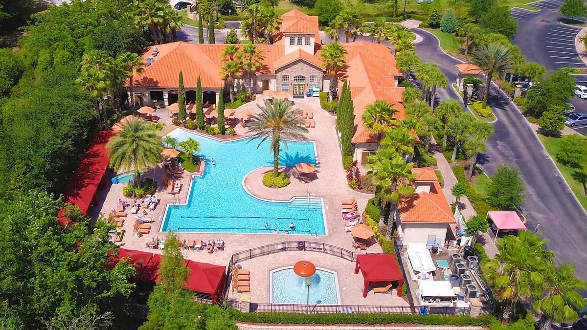 aerial view of Tuscana Resort surrounded by trees and view of street in Orlando, Florida, USA