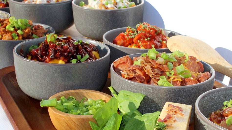 close up of food in bowls at Chill Zone Restaurant at Boomers Livermore in San Francisco, California, USA