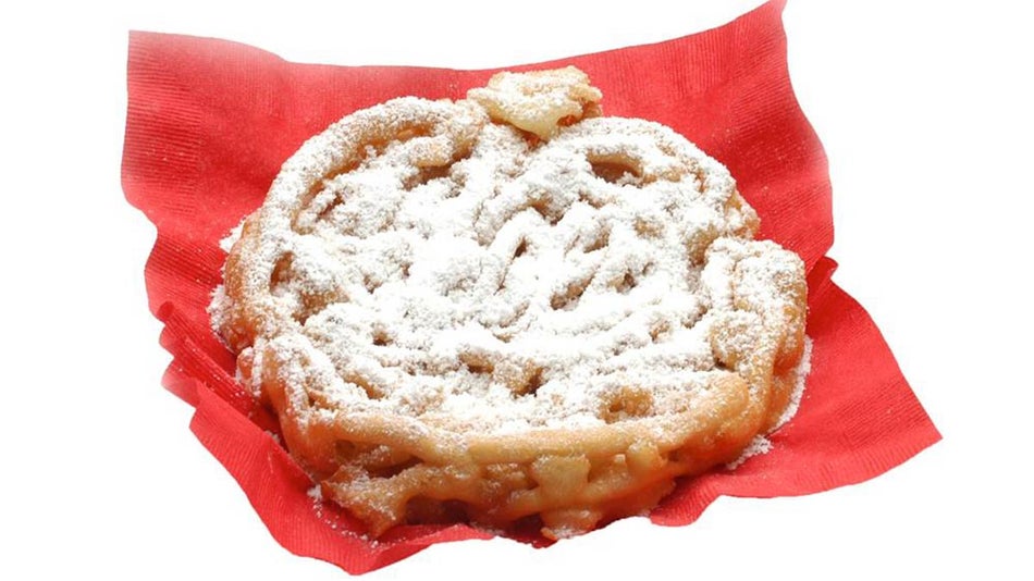 a picture of a funnel cake in a red wrapper.
