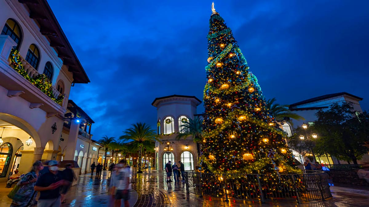 a picture of the building's exterior, which includes a Christmas tree