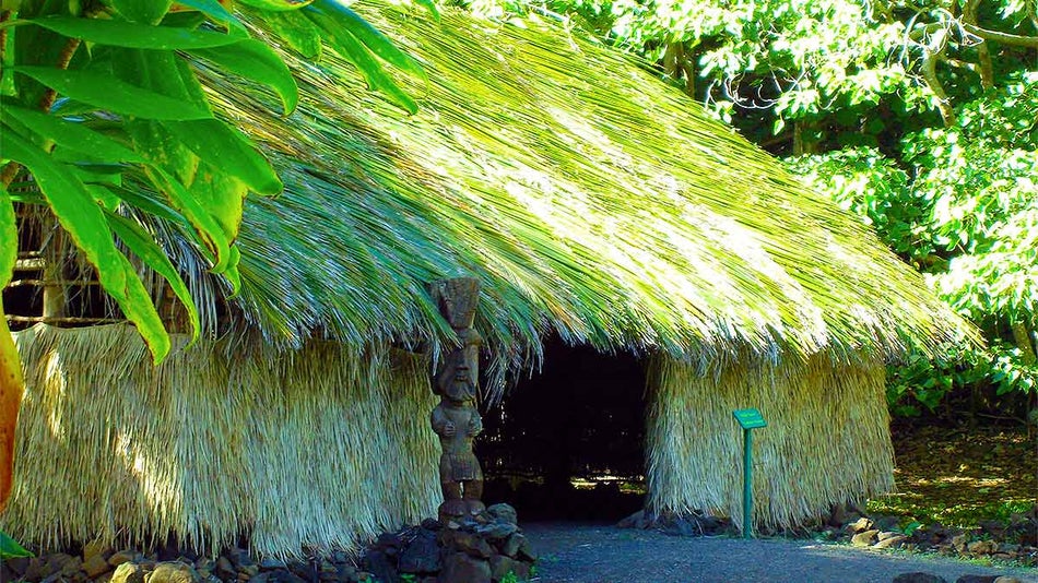 ground view of hut with statue beside entrance surrounded by greenery on sunny day at Kamokila Ancient Hawaiian Village in Kauai, Hawaii, USA