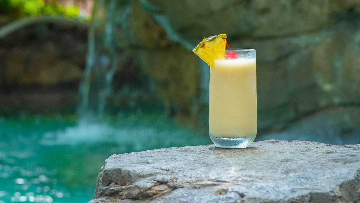 Pina Colada drink on top of rock with waterfalls in background at Discovery Cove in Orlando, Florida, USA