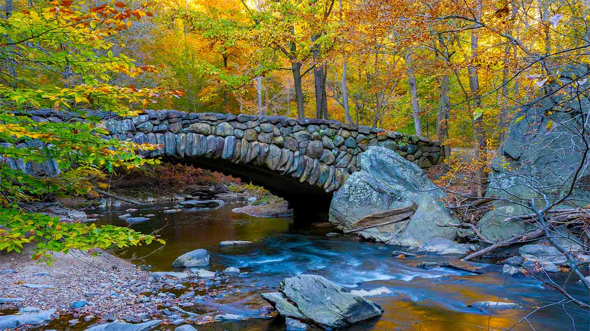 Boulder Bridge surrounded by trees at Rock Creek Park during fall in Washington DC, USA