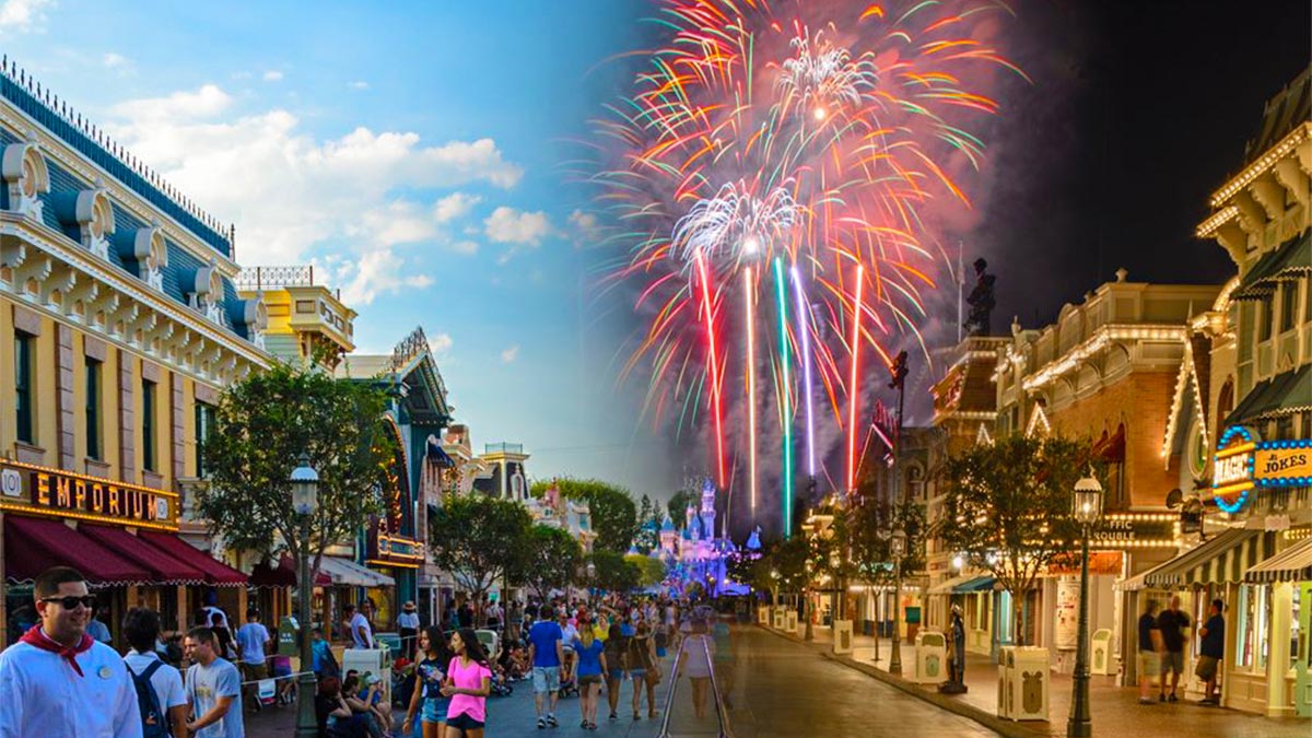 Comparison of the Disneyland during Daytime and Evening time.