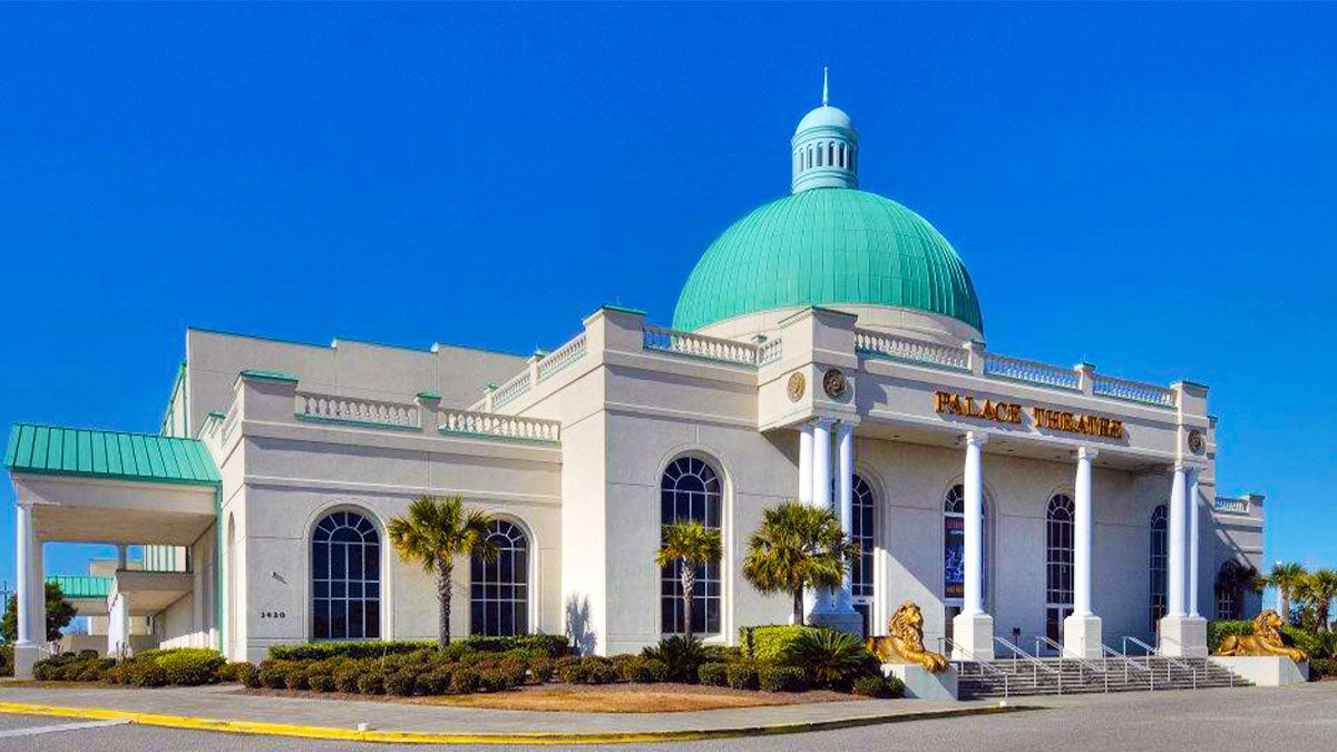 exterior of The Palace Theatre on sunny day with blue sky in Myrtle Beach, South Carolina, USA