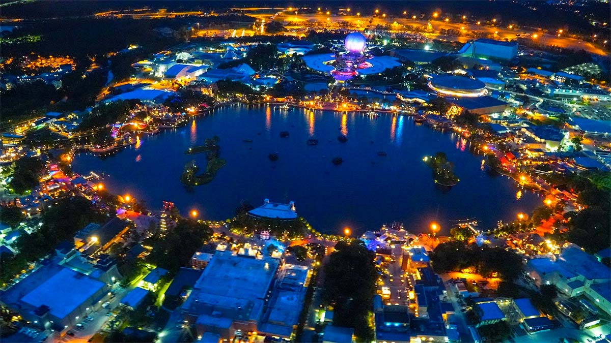 aerial of Epcot World Showcase at night in Orlando, Florida, USA