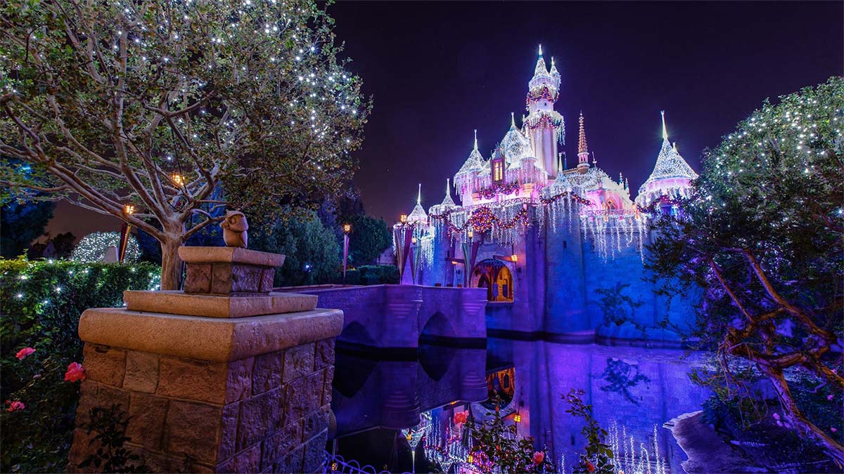 disney castle covered in lights at night with reflection on water with trees with light on side at Holidays at Disneyland Resort in Los Angeles, California, USA