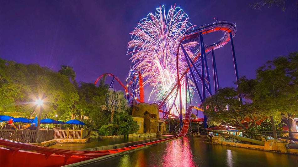 ground view of rollercoaster with track on water surrounded by trees at night with fireworks in sky at New Years Eve Celebration at Busch Gardens in Tampa, Florida, USA
