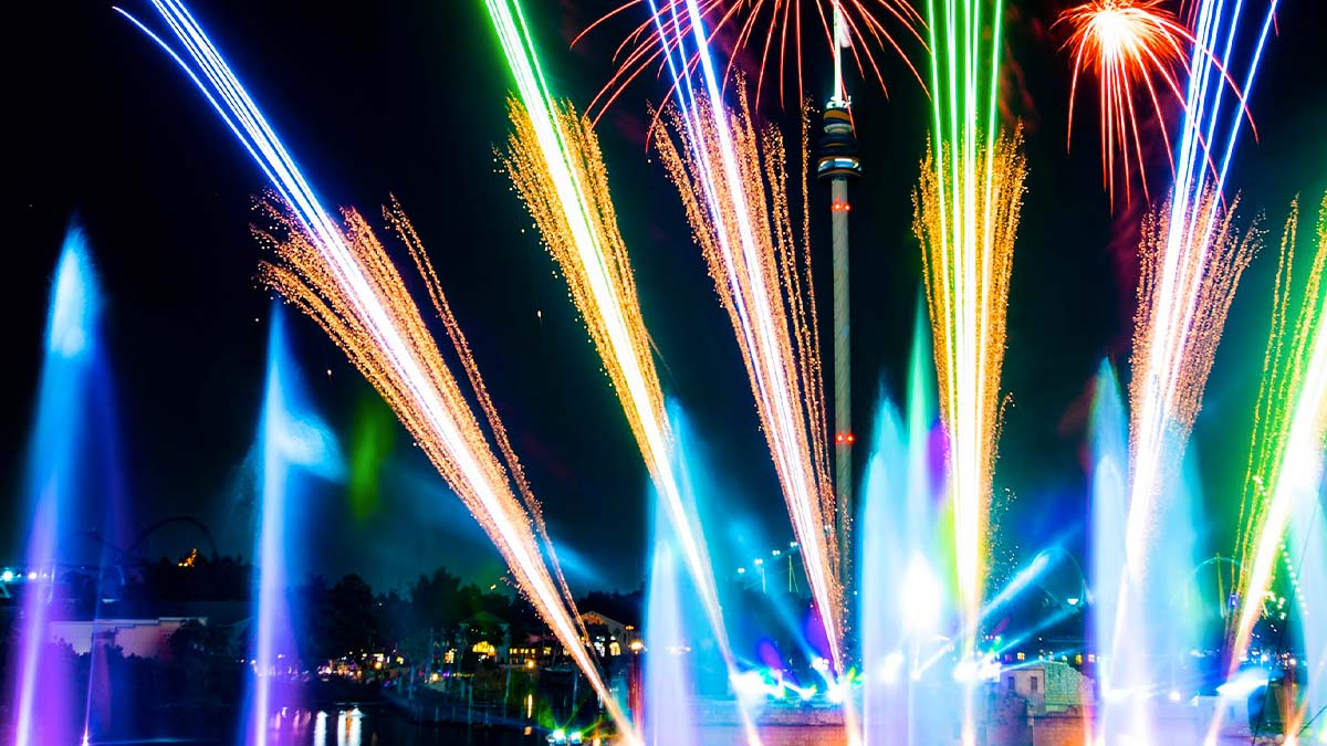 colorful fireworks display at night for New Years Eve at SeaWorld Orlando in Orlando, Florida, USA