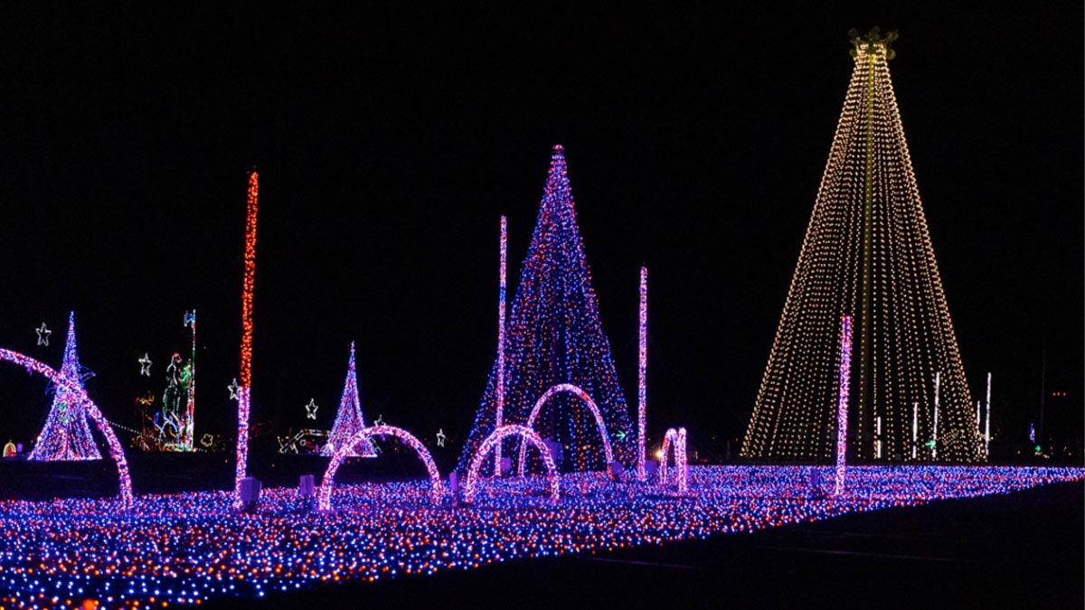display of colorful lights at night at Shadrack's Christmas Wonderland in
