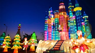 colorful display of lit up fairies, christmas trees, a castle for Winter Wonderland Festival in San Diego, California, USA