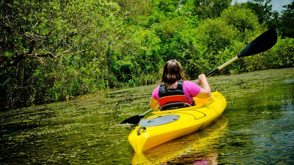 woman in pink shirt wearing life vest kayaking in the everglades surrounded by greenery on a sunny day in Miami, Florida, USA