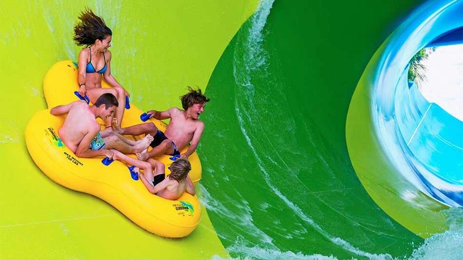 Family Riding WooHoo Falls at Aquatica in San Diego, California, USA
