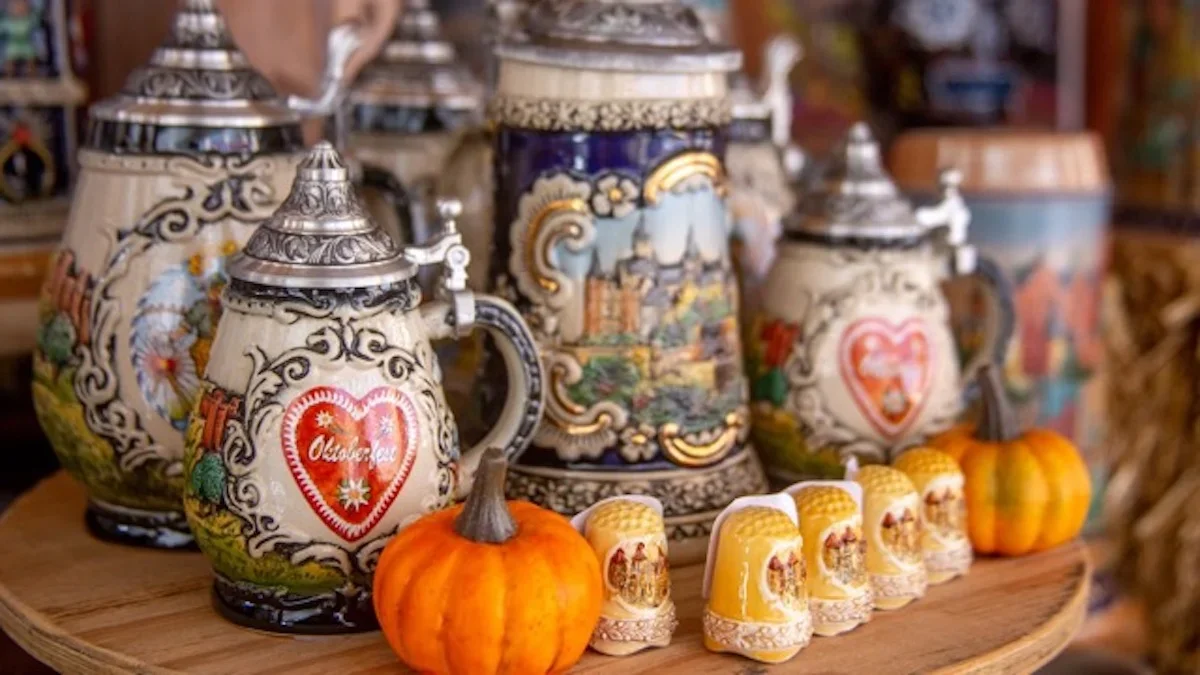Several Oktobefest themed beer steins on a table with a little pumpkin and thimbles surrounding them.