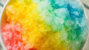 Close up of Rainbow Shaved Ice at Matsumoto Shave Ice in Oahu, Hawaii