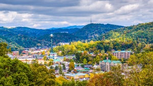 Aerial View of Gatlinburg surrounded by fall foliage - Gatlinburg, Tennessee, USA
