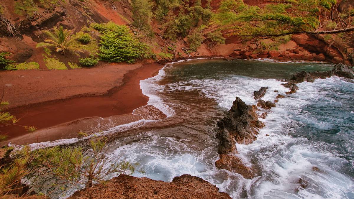 Red sand beach surrounded by red sloping dunes and palm trees with ocean and rocks in the water