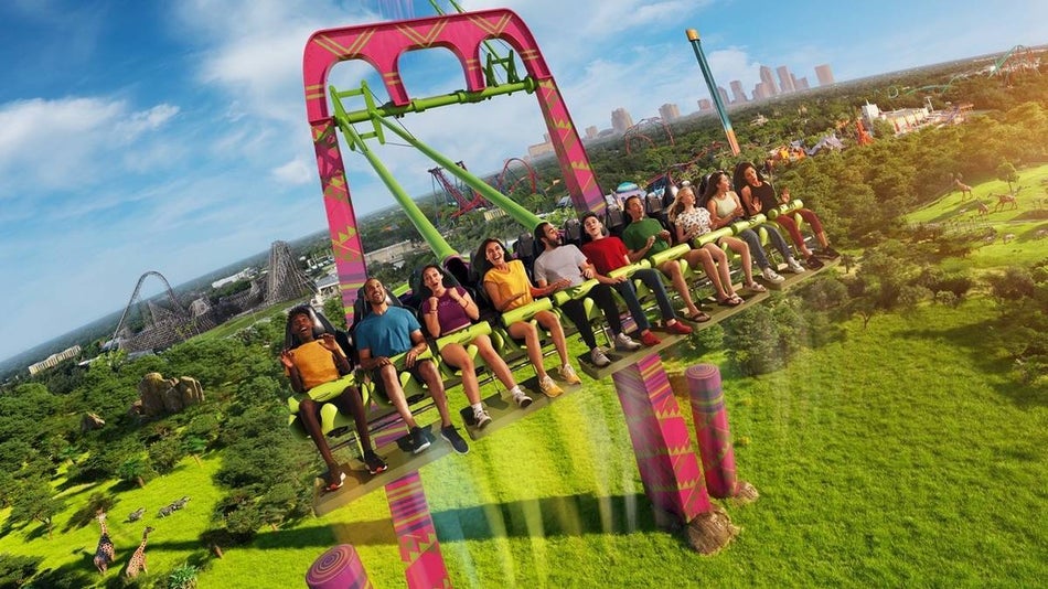 people on a large swing ride with green grass and trees under them and blue sky above with downtown Tampa in the background