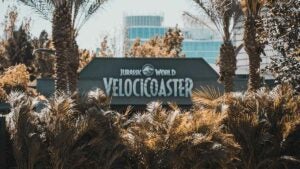 Close up photo of the Velocicoaster sign in Universal Studios Islands of Adventure in Orlando, Florida, USA