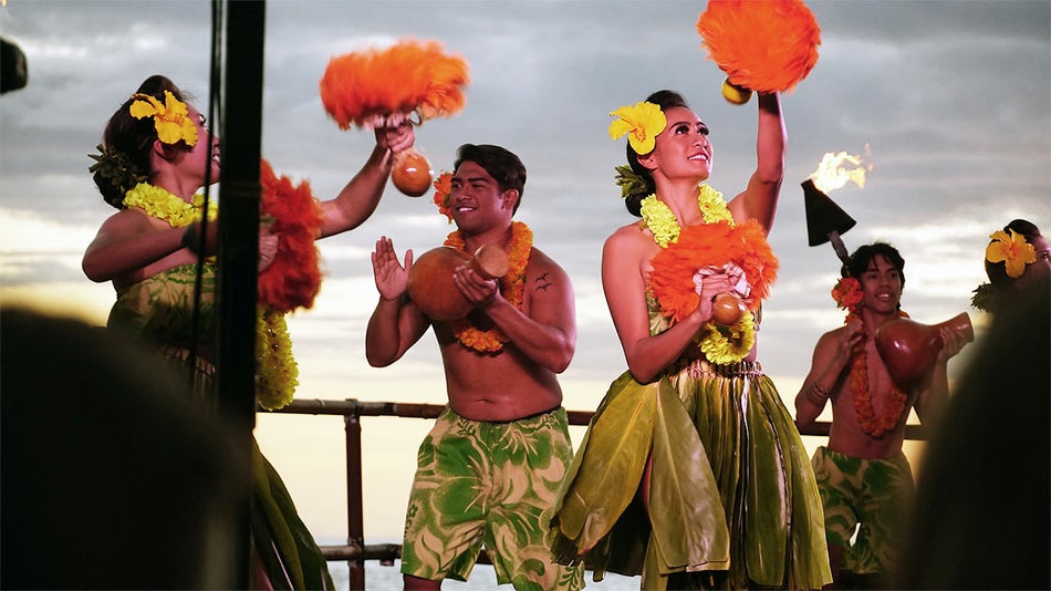four women dancers at Royal Kona Luau and Hula, Fire Dancing, Hawaiian Feast in Kailua Kona, Hawaii, USA