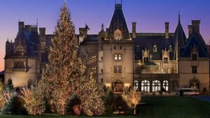 outside biltmore estate with lights on trees in Asheville, North Carolina, USA