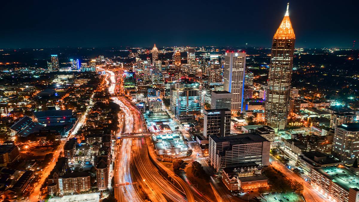 Aerial view of downtown Atlanta at night in Atlanta, Georgia, USA