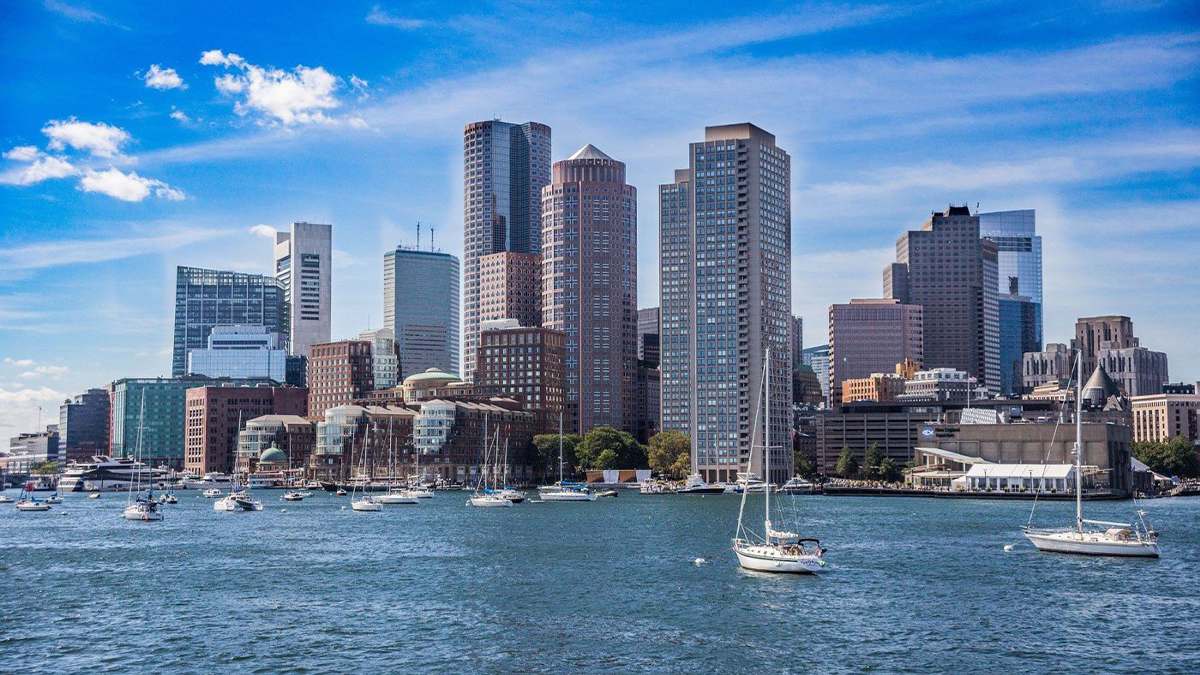 Skyline of Boston Buildings and Harbor with sailboats