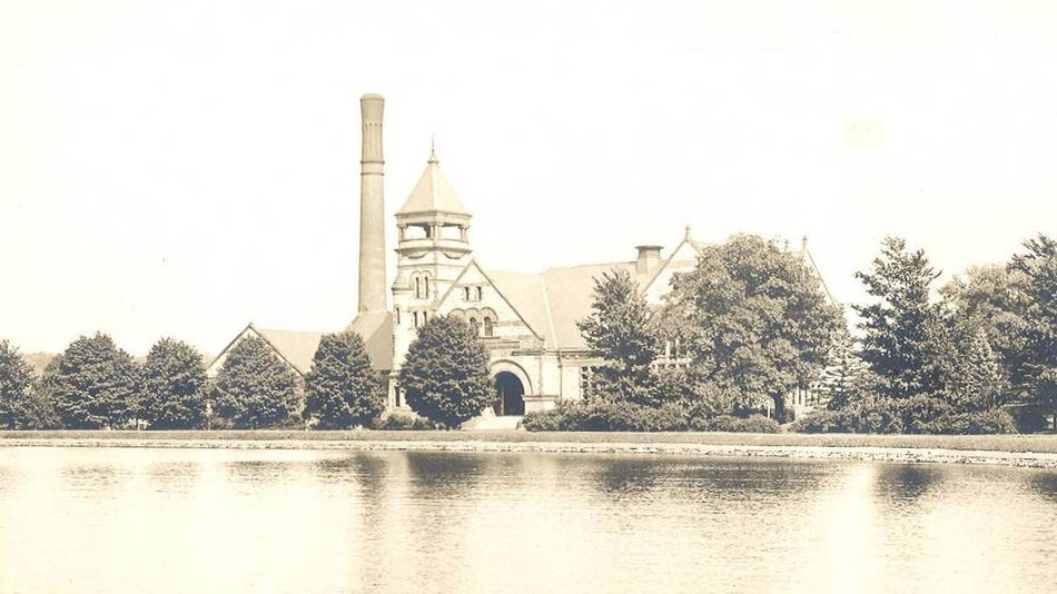 Boston Waterworks Museum surrounded by trees behind lake