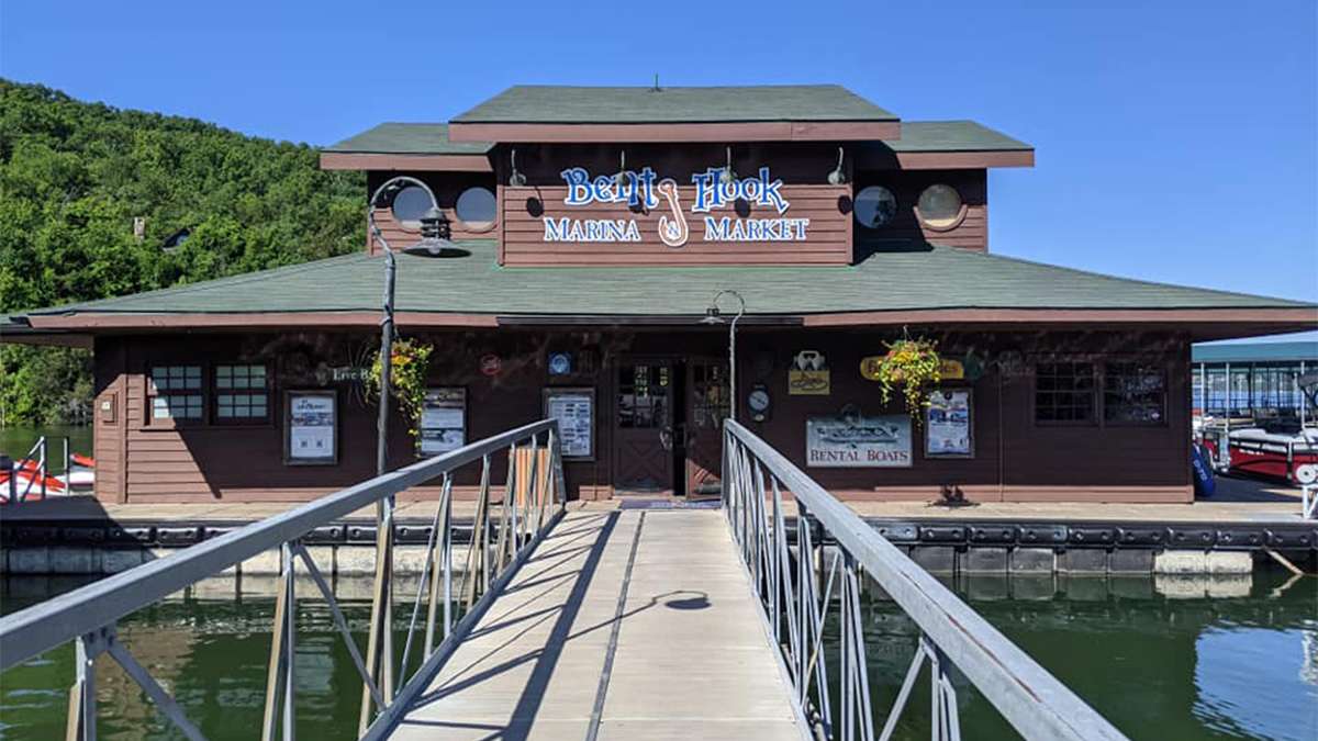 View as if you are walking up to Bent Hook Marina Market at Big Cedar Lodge in Branson, Missouri, USA