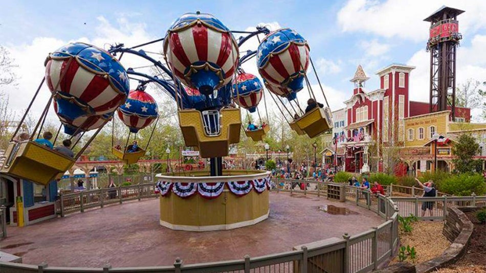 ground view of Fire Spotter ride at the Fireman's Landing at Silver Dollar City in Branson, Missouri, USA